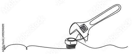 Continuous line drawing of an adjustable wrench turning a bolt and nut for construction and plumbing repair