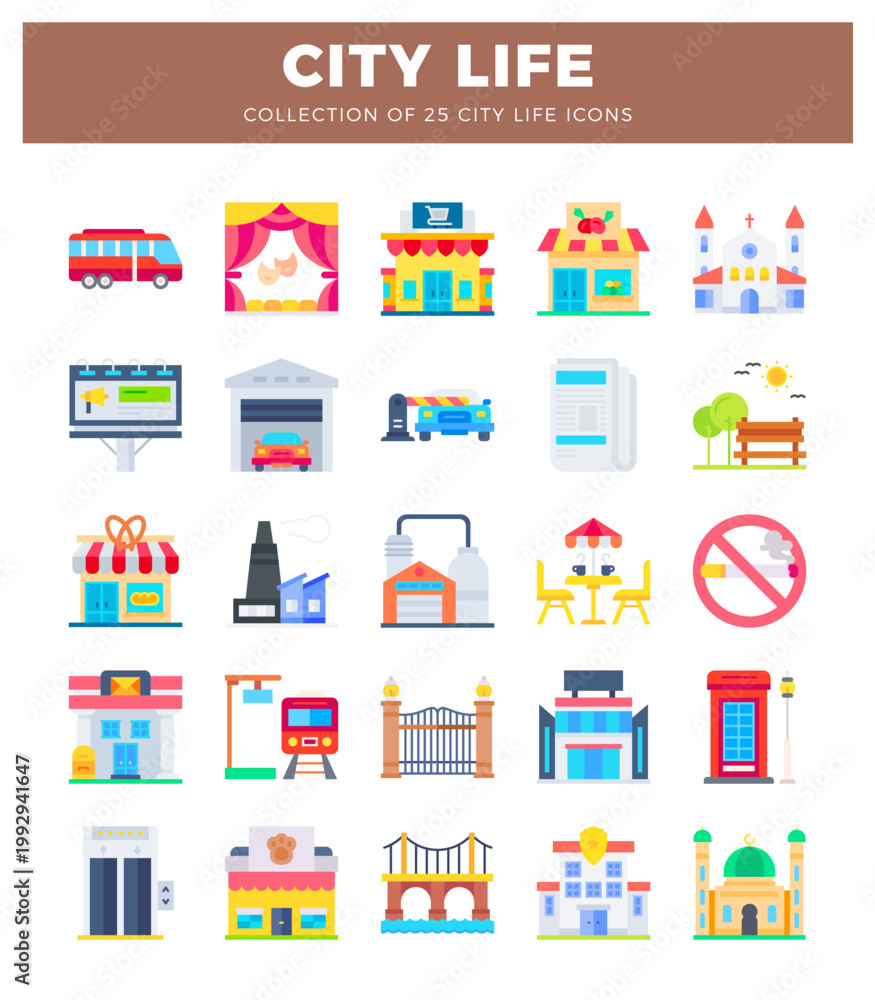 Fototapeta premium City Life Icons Collection with Shops and Public Places
