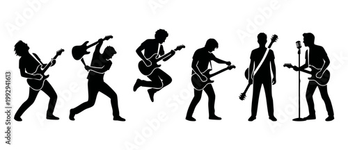 Electric Guitar Player Silhouettes Set, Rock Band Musicians Performing on Stage, Energetic Guitarist Poses and Singing Artist Icons for Concert Design, Black and White Vector Illustration Collection.
