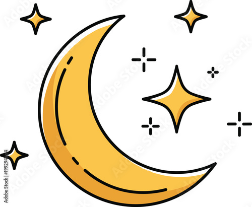 Vector Set of Yellow Crescent Moon and Sparkling Stars Icons for Night Sky, Sleep, and Dream Themed Designs on White Background