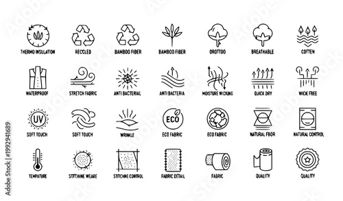 Fabric features line icon set with thermo recycled bamboo textile properties editable stroke vector collection