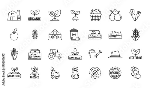 Organic farming vegan food icon set with agriculture vegetable and eco sustainable outline vector collection