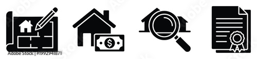 Real estate business icons illustrating property planning, finance, home search, and legal documentation