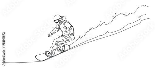Dynamic snowboarder carving on snowy mountain slope in sleek line art perfect for extreme winter sports apparel.