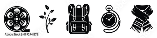 Film reel, plant sprout, travel backpack, pocket watch, and winter scarf glyph icons for diverse media use.
