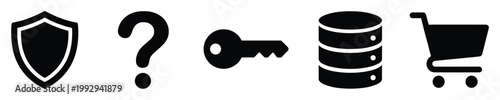 Versatile black vector icons representing data security, inquiry, access, information storage, and online shopping for various digital applications