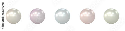 Close-up vector set of individual pearls in soft pastel shades. Beige, purple, blue, pink and green. Elegant bead spheres with glossy realistic shine. High-quality 3D render, isolated. 