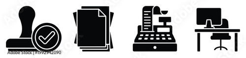 Professional office and finance icon set featuring approval stamp documents cash register and computer desk for business administration
