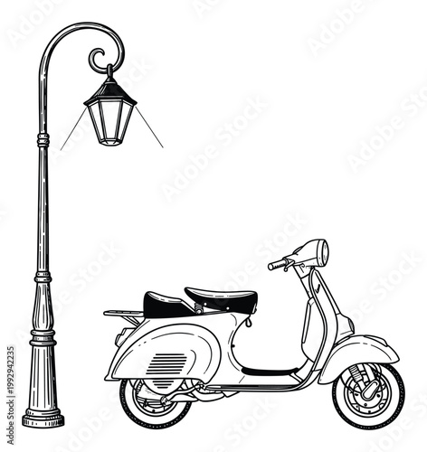 Timeless motor scooter and ornate street lamp outline sketch suitable for urban exploration and travel themed content