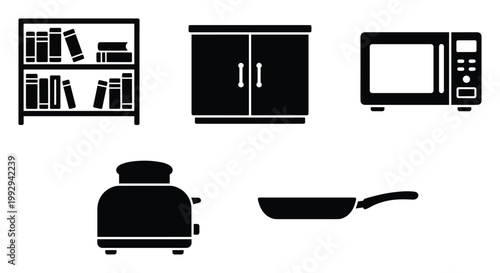 Black silhouette icons of household and kitchen appliances for home decor and domestic related projects