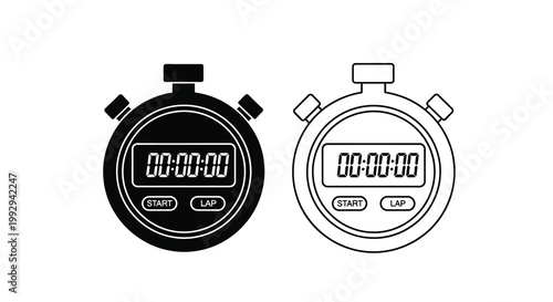 Digital stopwatch icon set black filled and white outline versions