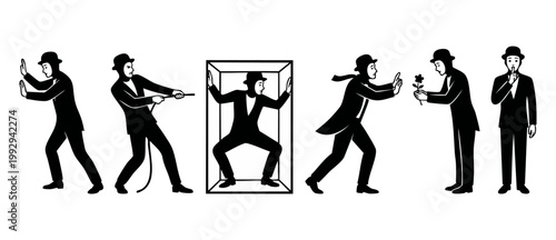 Mime artist character set, black and white flat vector illustration of a performer in bowler hat, performing classic pantomime acts, isolated on white background for design, theater, and entertainment