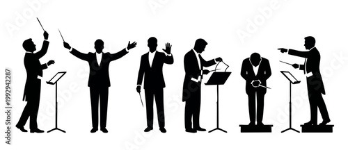 Orchestra Conductor Silhouette Set Performing Musical Conducting Gestures for Classical Concerts, Featuring Formal Suits, Music Stands, and Batons in Various Dynamic Poses for Professional Musical Pro