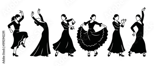 Flamenco Dancer Silhouette Collection Set, Spanish Woman Performing Traditional Folk Dance, Isolated Black Vector Icons of Expressive Female Dancers in Long Dresses for Cultural Music and Arts Design