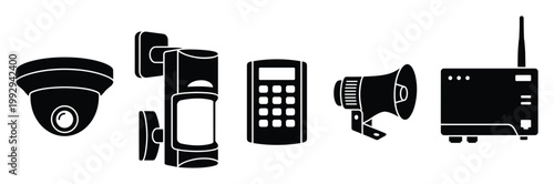 Security system devices featuring camera, sensor, keypad, siren, and network hub.