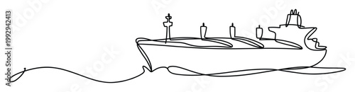 Continuous line drawing of a large cargo vessel navigating ocean waves for global logistics and shipping industry concepts