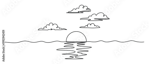 Continuous line drawing of a serene sunset or sunrise over water with clouds perfect for minimalist graphic backgrounds