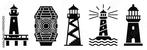 Assorted lighthouse icons symbolizing maritime guidance and safety, useful for navigation applications and coastal themed projects