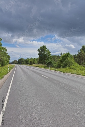 Kuivastu - Kuressaare asphalt road road in rural landscape in cloudy summer weather, Muhu, Estonia, Europe.