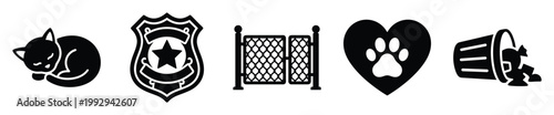 Graphic symbols for pet, police, safety, and waste, useful for various design projects and applications.
