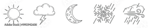 Hand drawn doodle sketch style weather forecast symbols for app icons educational materials and climate reports