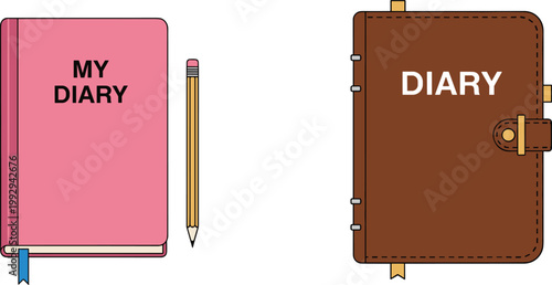 Set of Colorful Diary Book Icons with Pink and Brown Covers, Pencil, and Lock for Personal Journal, Note Taking, and Organization Designs on White Background