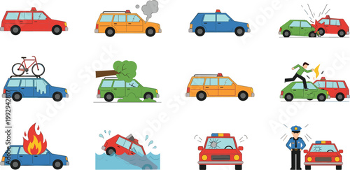 Car accident and emergency vector set in flat style, vehicle crash, breakdown and rescue situations collection for insurance and road safety design
