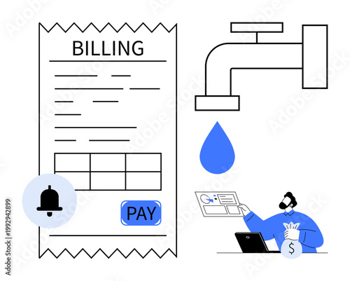 Utility management, online payments, water usage, bill reminders, financial transactions, budget planning. Invoice with pay button, faucet with water drop person handling finances. Utility