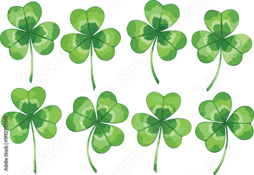 Green Shamrock and Three Leaf Clover Vector Set for Saint Patricks Day Decorations Irish Lucky Symbols Spring Nature Designs and Festive Religious Celebration Graphics