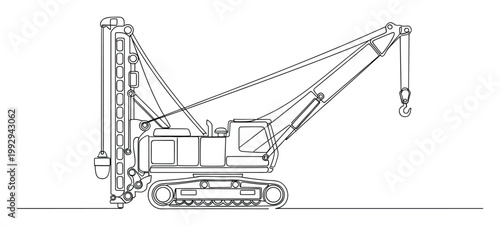 Line drawing of a heavy construction crawler crane with boom and piling rig attachment for engineering and building projects