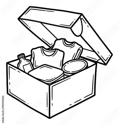 Sketch of an open delivery box filled with clothes and daily necessities, ideal for illustrating shipping, charity, or gift services.