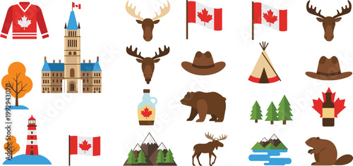 Set of Canada Icons Including Maple Leaves, Moose, Bear, and National Symbols for Culture, Nature, and Travel Illustrations