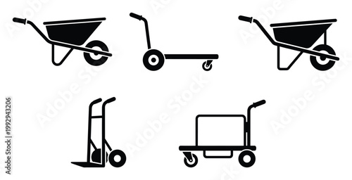 Set of various material handling equipment icons wheelbarrows hand trucks dollies for logistics moving tasks
