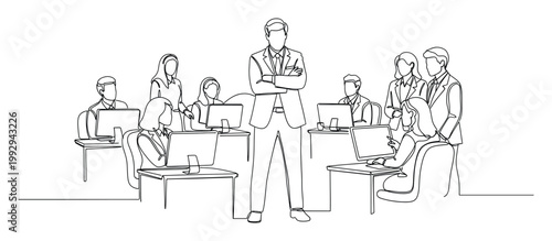 Professional business team working together in a modern office setting with a manager overseeing tasks