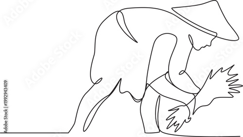 Aesthetic continuous line drawing of the traditional rice planting cultivation process. 