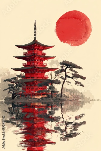 Japanese traditional print in vertical. Watercolor style. Detailed crimson Pagoda with reflections on a lake, old pines, Fuji under red sun