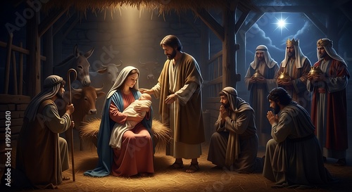 Religious scene depicting the nativity with figures in a rustic setting