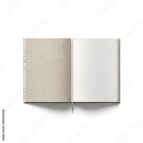 Open Linen Notebook Mockup with Blank Paper Page and Ribbon Bookmark. Top View Minimalist Journal Template on Isolated White Background for Branding and Design.