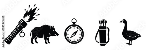 Adventure and hunting symbols with torch wild boar compass quiver goose useful for various outdoor activities