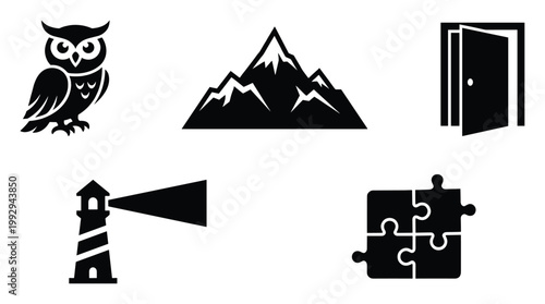 Symbolic graphic icons representing wisdom, exploration, opportunity, guidance, and problemsolving suitable for web or print media applications