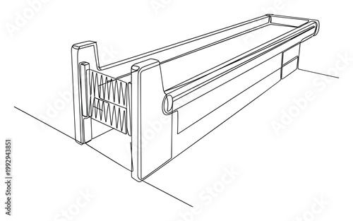 Single line drawing of a perspective retail merchandise display shelf with springloaded pusher for product organization