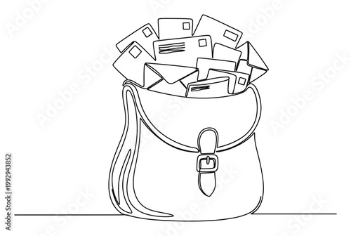 Continuous line drawing of a mailbag overflowing with letters, perfect for communication and marketing assets