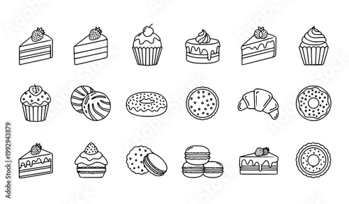 Delicious Dessert and Bakery Line Art Icons Set – Hand Drawn Sweets Cakes Pastries Collection