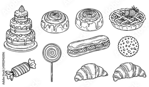 Sweet Desserts Line Icons Bundle – Hand Drawn Pastry and Cake Vector Illustration Set