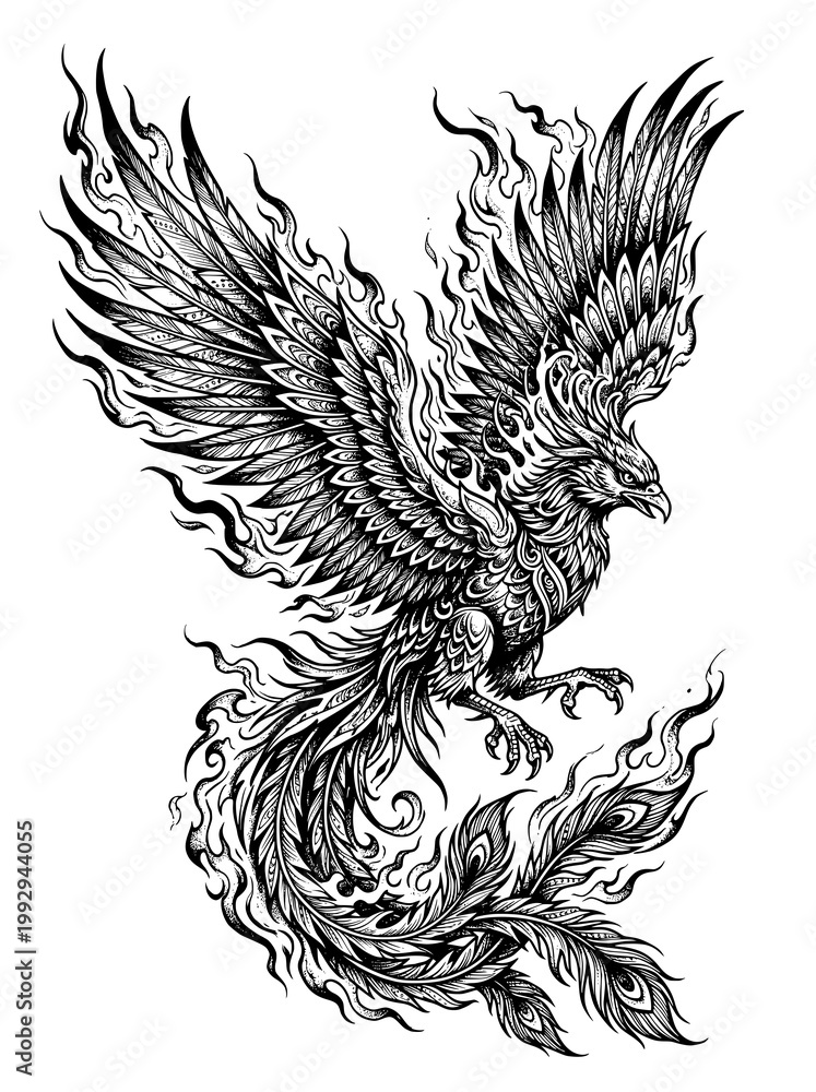 Fototapeta premium Vermilion Bird (Zhuque) tattoo with flames and spread wings, dynamic motion, detailed feathers, strong composition, black and white illustration, white background