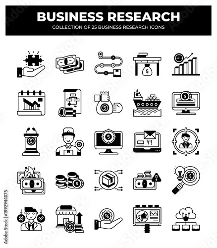 Collection of 25 Business Research Icons: A Visual Guide to Market Analysis and Financial Strategy