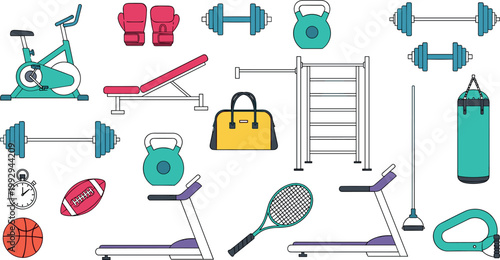 Colorful Gym and Fitness Equipment Icon Set with Treadmill, Dumbbells, Kettlebell, Boxing Gloves, and Sports Gear for Health Designs