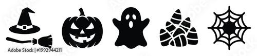 Collection of essential Halloween icons such as witch hat, jack o lantern, ghost, candy corn, and spiderweb for festive holiday projects