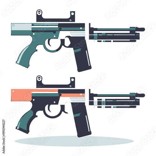 Modern flat vector illustration of submachine guns in side view with clean shapes, suitable for military themes, game design, and weapon visuals.