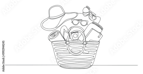 Single line drawing of summer beach bag filled with vacation essentials for travel marketing.